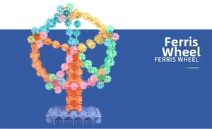 Colorful snowflake building blocks assembled into a Ferris wheel shape for kids