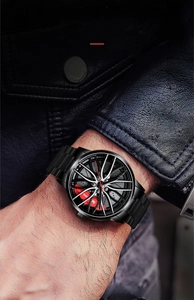 Detail of waterproof men's watch with 3D car wheel rim hub dial and red brake caliper