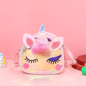 Detailed view of pink unicorn kids crossbody bag with magical iridescent texture and colorful accents