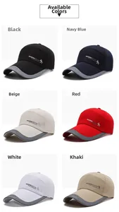Six colors of sports baseball caps with extended brims and contrast grey piping on white