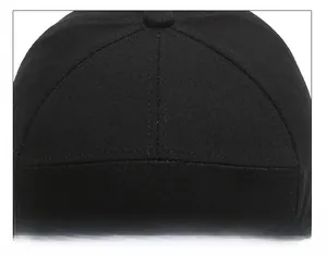 Macro detail of six-panel stitched crown and button on a black cotton baseball cap