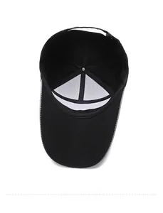 Detailed interior view of a black baseball cap showing reinforced seams and lining