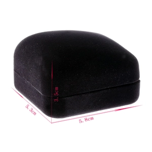 Detailed view of black velvet ring box with dimensions 5.8cm x 5.3cm x 3.5cm