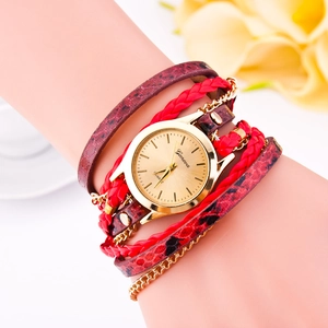 Women's Geneva quartz watch with red leopard leopard print braided wrap bracelet