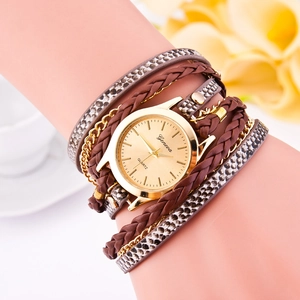 Women Fashion Quartz Watch Multi Layer Wrap Around Bracelet Leopard Print PU Leather Braided Rope Alloy Bohemian