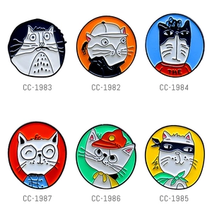 Set of six colorful cartoon cat enamel pins featuring unique character designs on white background
