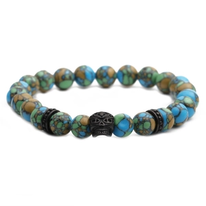 Mixed color 8mm stone beaded bracelet featuring black skull head charm for men and women