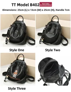 Detail view of black PU leather backpack showing 25x13x25cm dimensions and multi-pocket interior