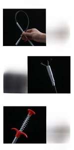 Detailed view of flexible spring pipe unblocker with four-claw metal gripper and red handle