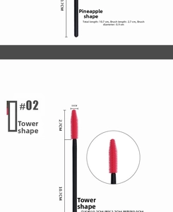 Detail of red tower-shaped silicone eyelash brush head with black handle dimensions