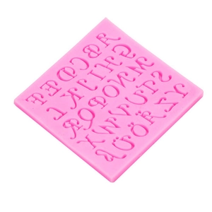 Pink silicone mold featuring A-Z alphabet letter cavities for fondant and chocolate cake decoration