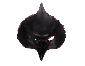 Detail view of bird mask interior featuring textured black material and elastic strap