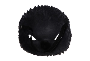 Detail view of the black bird mask back showing eye holes and elastic fastening strap