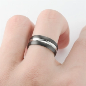 Minimalist bicolor titanium steel ring with matte black finish and silver metal band