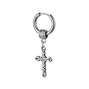Polished silver stainless steel hoop earrings with hollow cross pendant and geometric bead