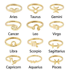 Zodiac Sign Ring 18K Gold Plated 304 Stainless Steel Minimalist Adjustable Open Band Twelve Constellations For Women Men