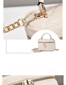 Détails d'un mini sac matelassé beige avec fermetures éclair et chaîne dorées
