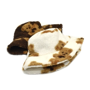 Sherpa fleece bucket hats for women featuring cute bear patterns in brown and beige