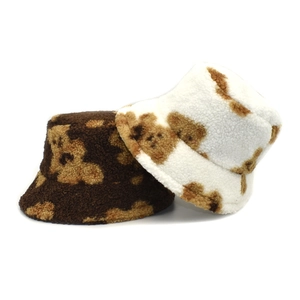 Women Plush Bucket Hat Winter Warm Sherpa Teddy Fleece Bear Print Outdoor Windproof Headwear Fashion Accessories