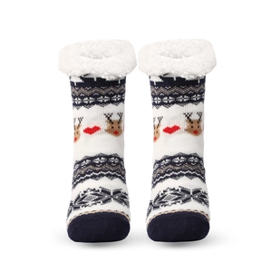 Detailed view of winter thermal socks featuring reindeer patterns and plush fleece lining