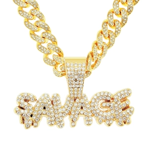 Iced-out Savage letter pendant on a gold-plated Cuban link chain for hip hop street style
