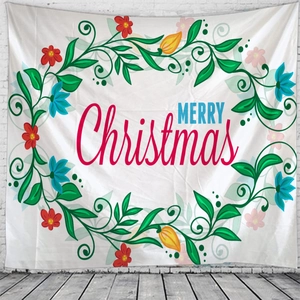 Weihnachtswandteppich mit Blumenkranz und Merry Christmas Schriftzug für Deko