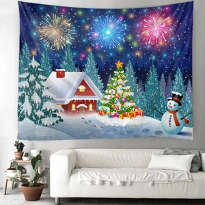 Christmas tapestry with snow cabin and reindeer over a cozy living room sofa