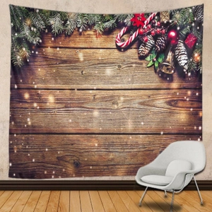 Christmas wall tapestry with pine needles and ornaments on vintage wood backdrop