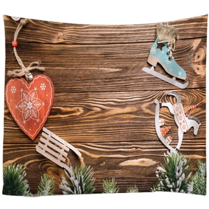 Vintage Christmas wall hanging tapestry featuring retro skates and wooden background