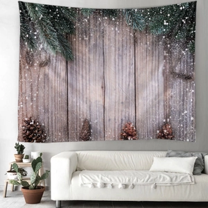 Christmas tapestry with snowy pine branches and pine cones over wood background decoration