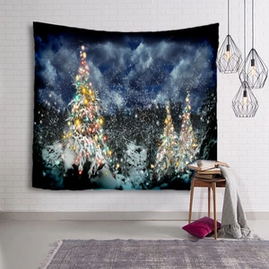Detail of Christmas tapestry with snow forest digital print and festive tree lights