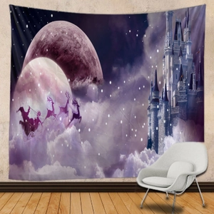Detail of Christmas tapestry showing Gothic castle and Santa sleigh in purple night sky