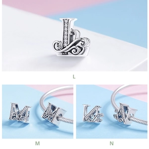 Detailed view of sterling silver letter charms L, M, and N with sparkling zircon pavé