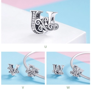 Detailed view of S925 sterling silver alphabet beads U, V, W with cubic zirconia pavé