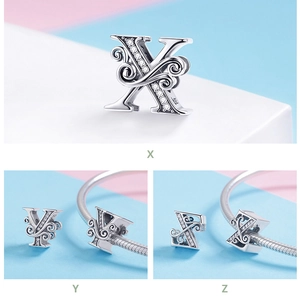 Detailed macro view of 925 silver alphabet charms X, Y, and Z with sparkling cubic zirconia