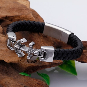 Men's nautical braided leather bracelet with a silver stainless steel anchor clasp