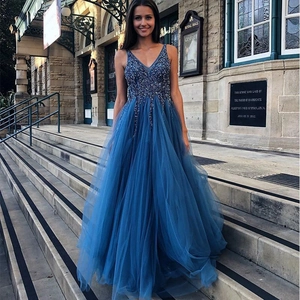 Robe De Soirée Femme Col En V Sequins Tulle Sans Manches Taille Haute Ligne A Longue Fête Bal Mariage Élégante Tenue Formelle