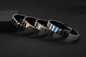 Gruppenansicht gewebter Edelstahl-Armbänder in Schwarz, Gold und Silber im Netz-Design