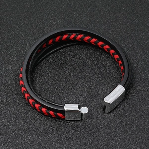 Multilayer leather bracelet with black and red braided cords and silver magnetic clasp