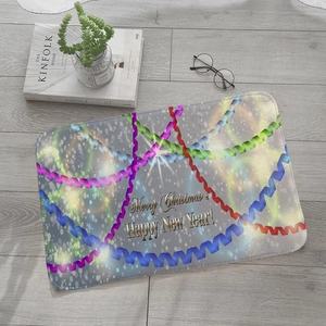 Christmas flannel absorbent doormat with colorful spiral ribbons on wood floor
