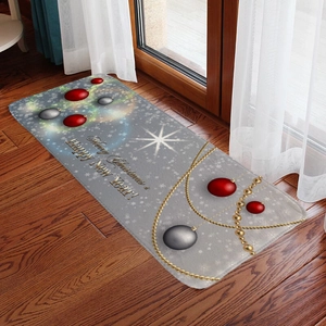 Christmas flannel absorbent doormat with festive ornaments and holiday greetings on wood floor