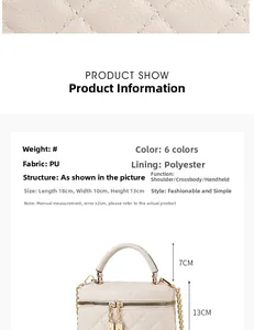 Spécifications du sac en cuir PU matelassé beige montrant les dimensions 18x10x13cm