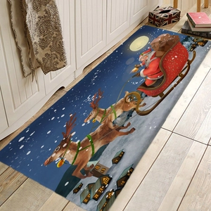 Detailed Christmas runner rug with Santa sleigh illustration on wooden floor