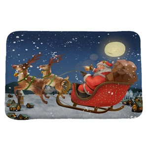 Christmas flannel absorbent mat with Santa Claus reindeer sleigh design and non-slip backing