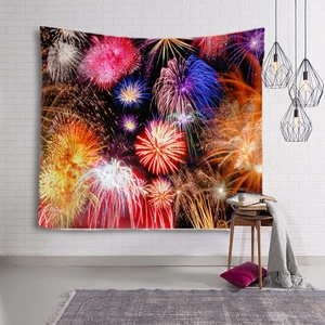 Macro shot of modern Christmas wall tapestry showing vibrant fireworks display on brick wall