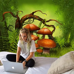 Cozy bedroom setting with large fantasy forest tapestry featuring orange mushrooms