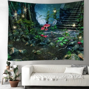 Fantasy forest tapestry with glowing mushrooms for bedroom or living room wall decoration
