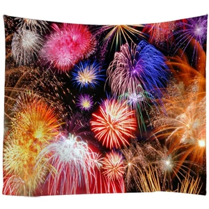 Christmas tapestry wall hanging featuring colorful fireworks on a black background