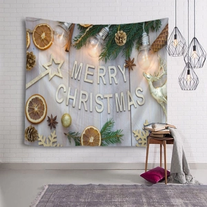 Detailed view of Merry Christmas wall tapestry with retro wood background and pine branches