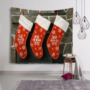 Christmas wall tapestry with red stockings and fireplace design for room decor